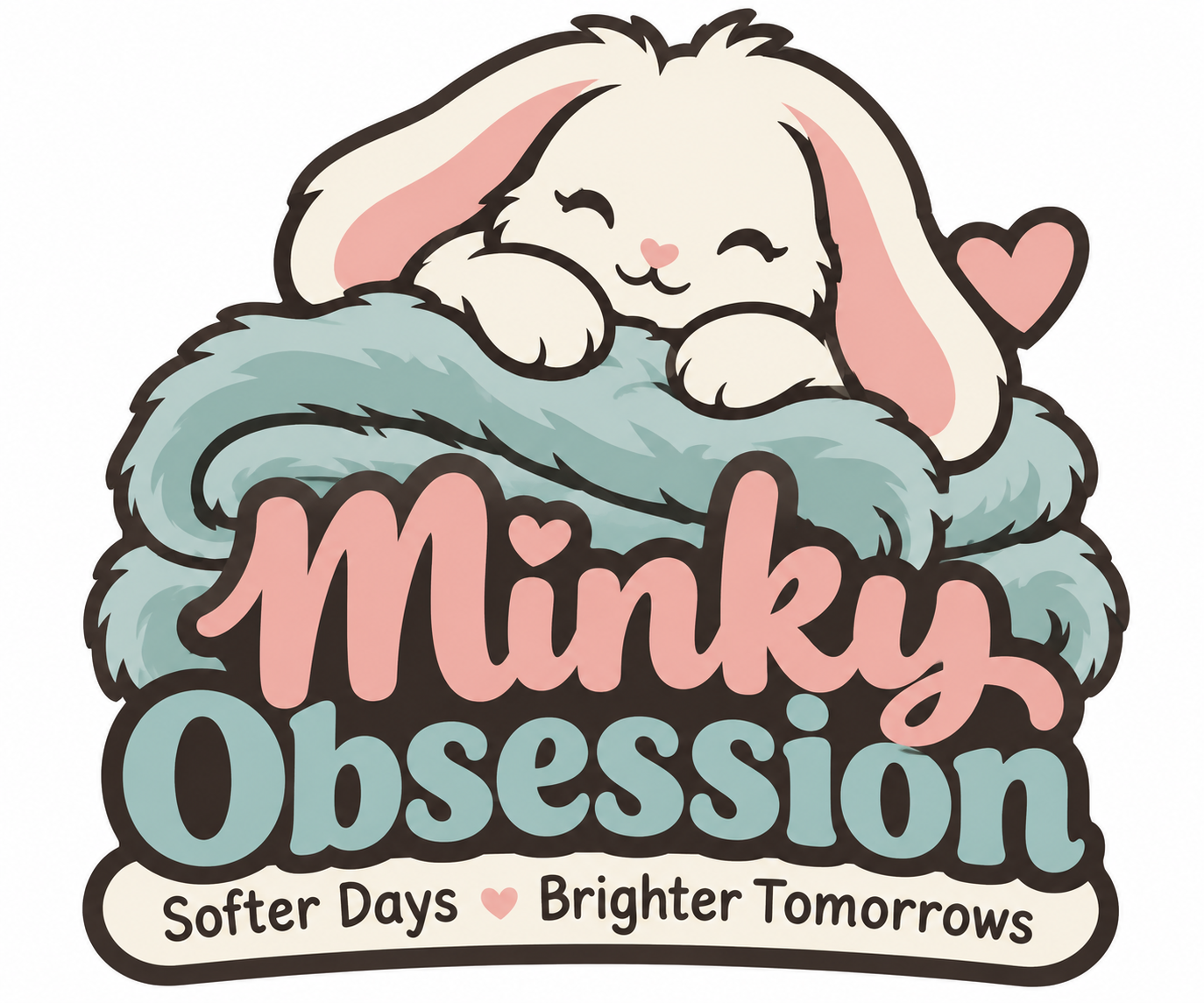 Minky Obsession: a cozy bunny resting on a teal blanket. Softer Days, Brighter Tomorrows.